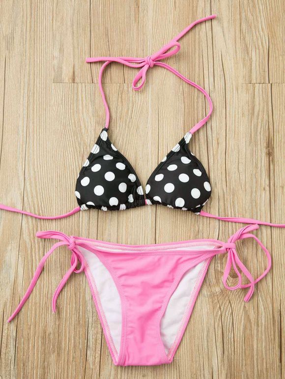 Halterneck Lace-Up Polka Dot Bikini Set de femmes élégantes - Noir et Rose M