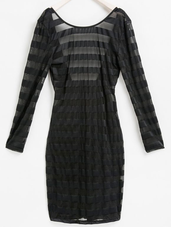 Sexy Scoop Neck manches longues moulante See-Through Women 's  Stripe Dress - Noir ONE SIZE(FIT SIZE XS TO M)
