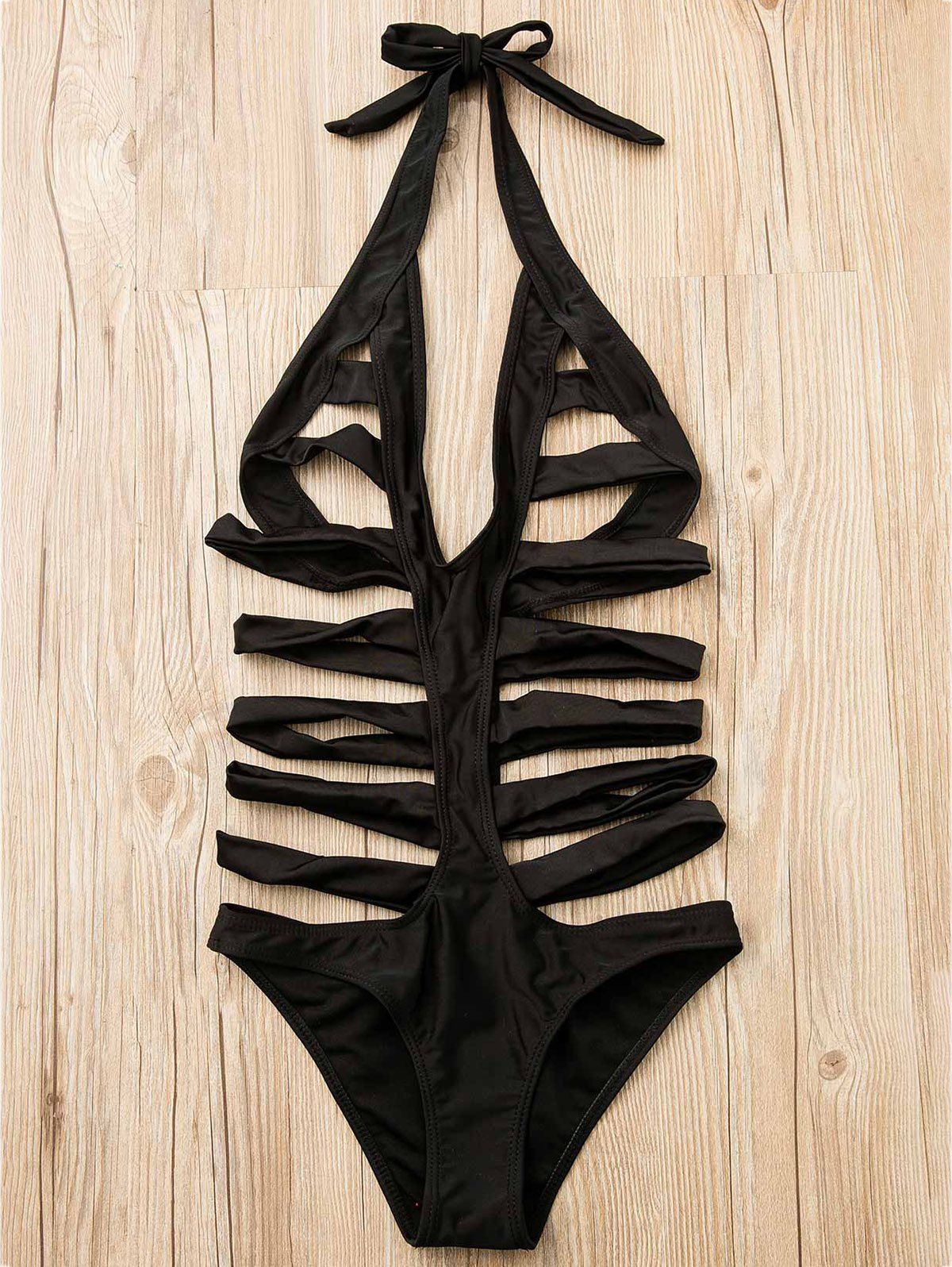 

Alluring Hollow Halter One Piece Swimsuit For Women, Black