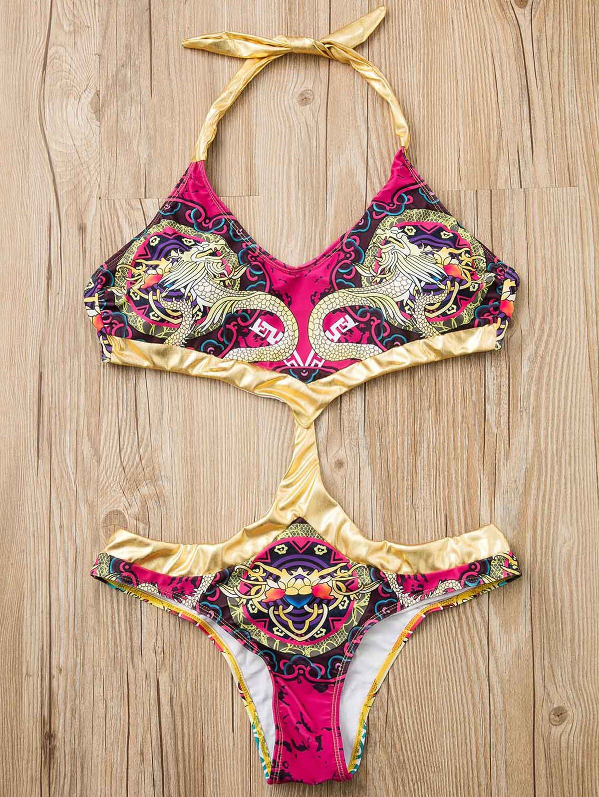 

Charming Halter Printed Back Tied Cut Out One-Piece Swimwear For Women, Colormix