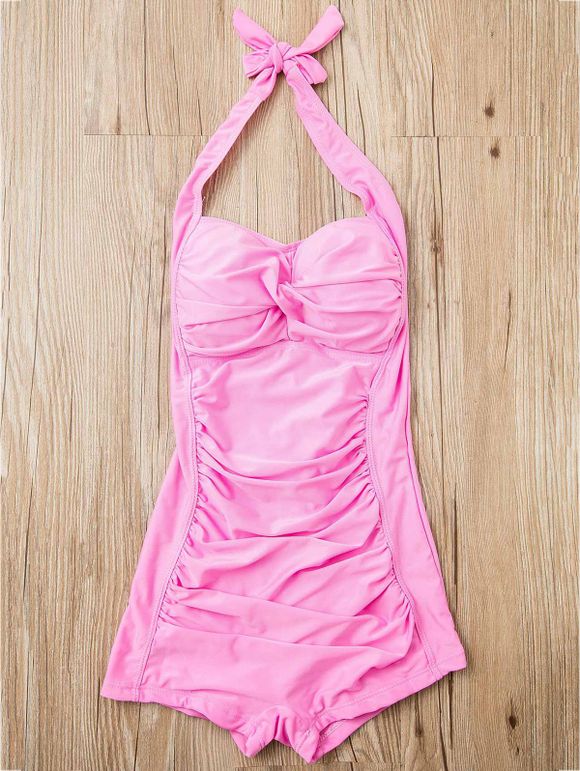 Attractive Halter Solid Color Pleated One-Piece Swimwear For Women - Rose clair M