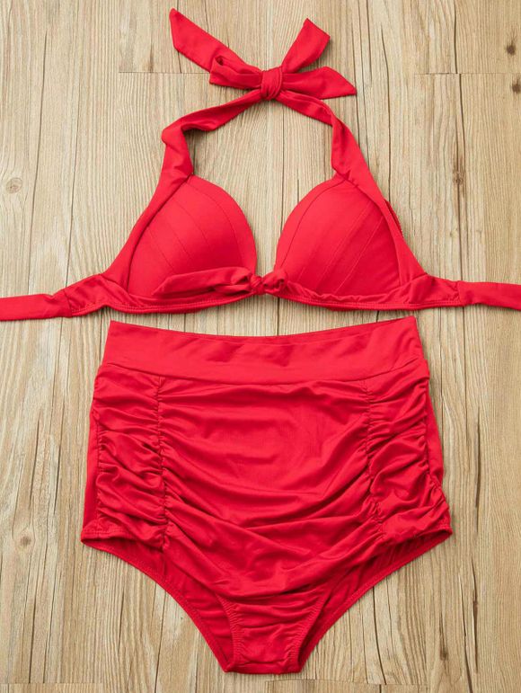 Solide Couleur taille haute Two-Piece Swimsuit de plissés femmes - Rouge L