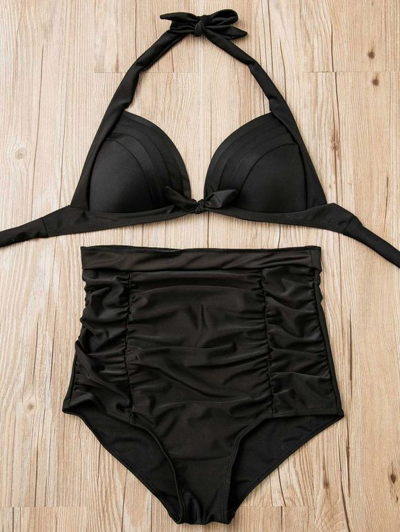Solide Couleur taille haute Two-Piece Swimsuit de plissés femmes - Noir XL