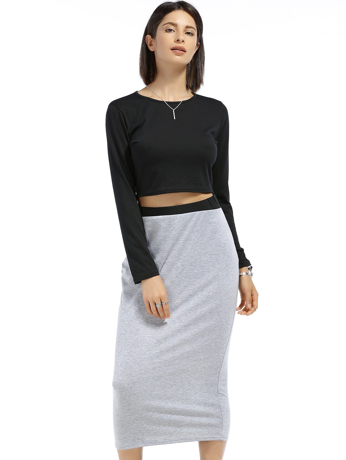 2018 Chic Long Sleeve Round Neck Solid Color Crop Top + Spliced Skirt