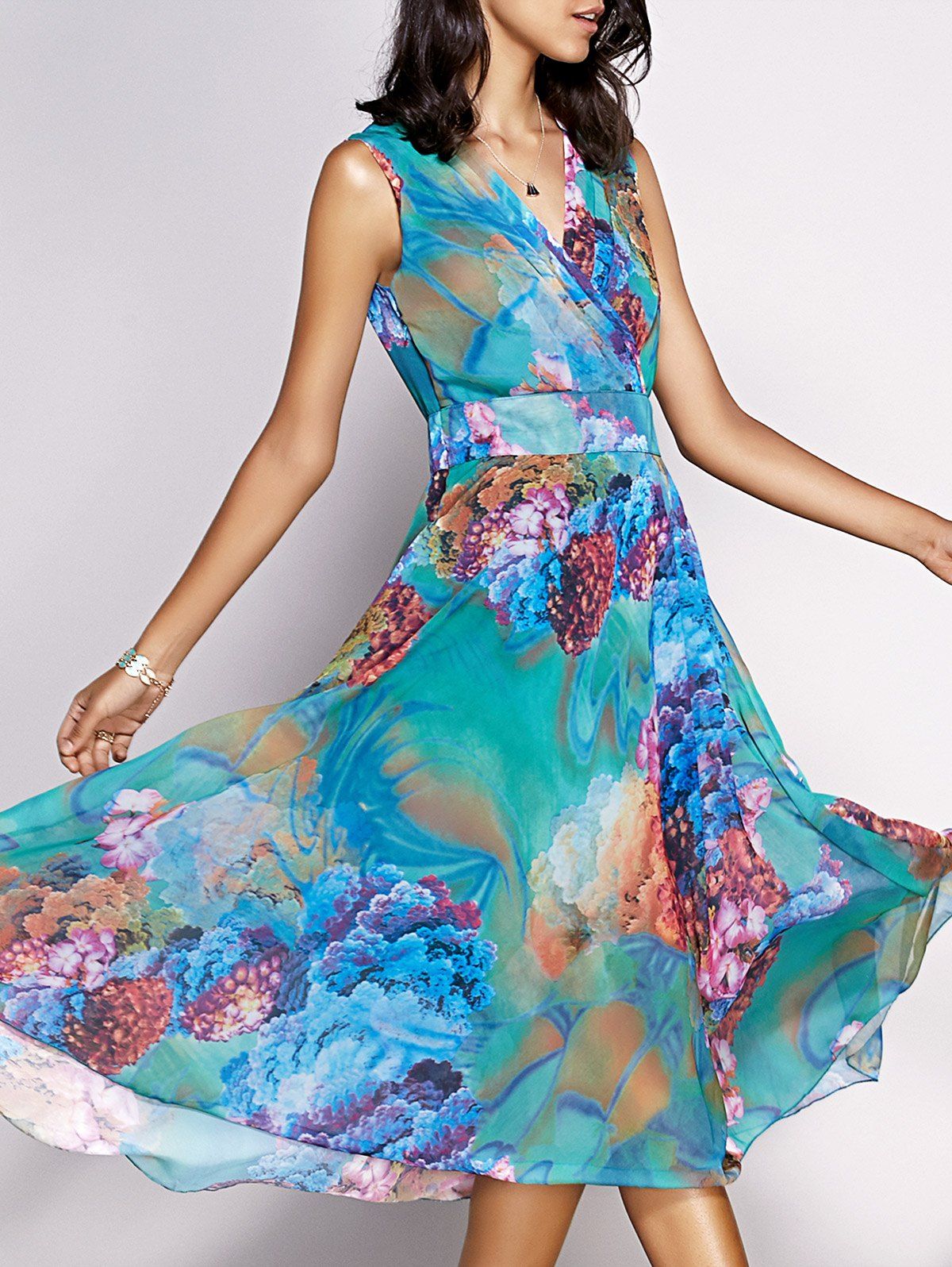 2018 Bohemian Floral Sleeveless Tea Length Chiffon Dress LAKE GREEN XL