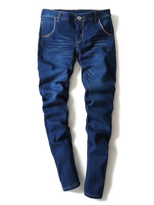 Cat mode Bleach Wash  's Whisker design étroit Pieds Jeans pour les hommes - Bleu profond 36