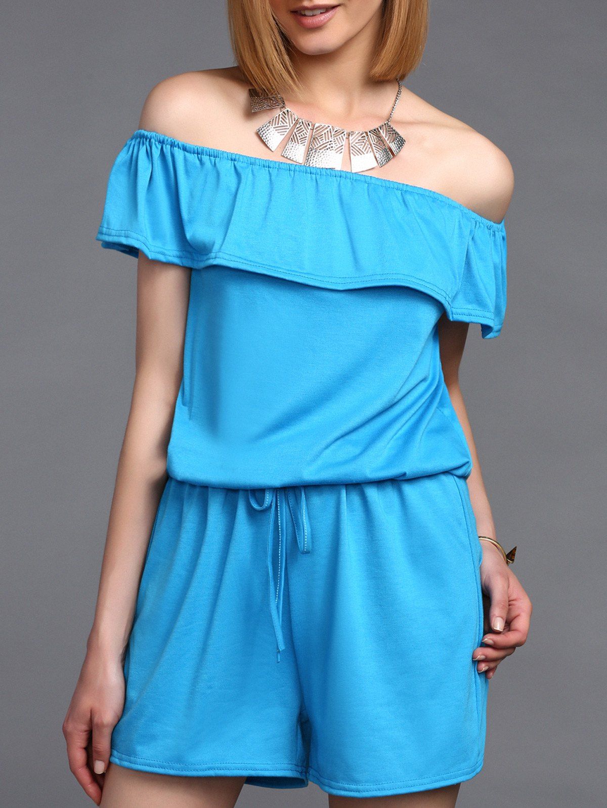 

Stylish Women's Off The Shoulder Ruffled Romper, Blue
