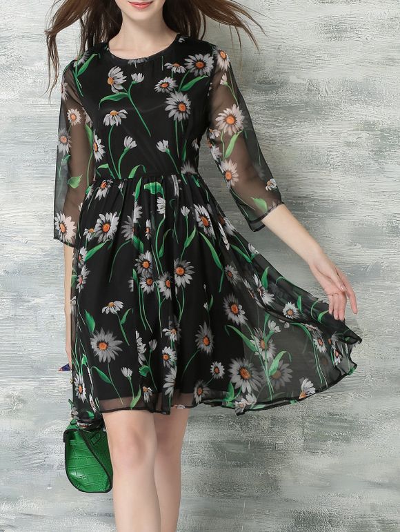 Elegant Women's 3/4 Sleeves Mesh Floral Print Chiffon Dress - Noir L