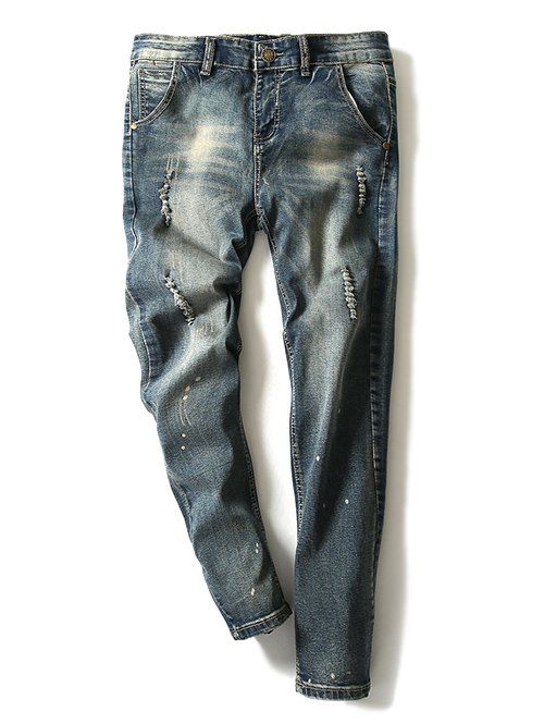 Modish Bleach Wash Trou design Narrow Pieds Jeans pour les hommes - Bleu 36
