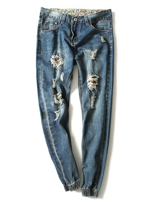 Pieds Modish Bleach Wash Trou design Jogger Jeans pour les hommes - Bleu 34