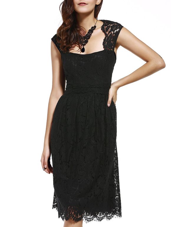Graceful Women's Strappy Lace Hollow Out Dress - Noir L