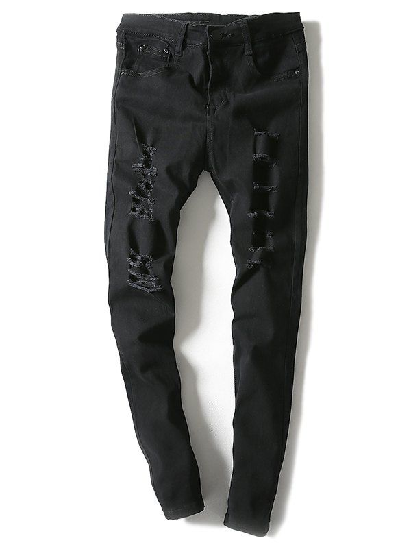 

Modish Solid Color Hole Design Narrow Feet Jeans For Men, Black