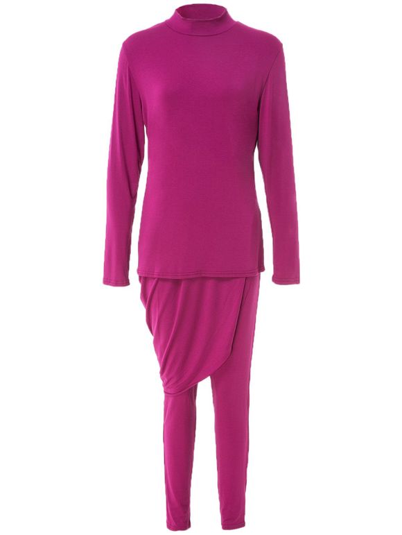 Trendy à manches longues couleur unie Robe asymétrique et pantalon de costume moulantes pour les femmes - Rose Rouge XL
