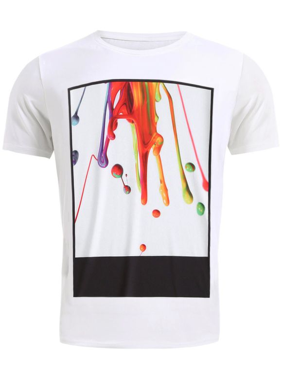 Élégant 3D Coloful Pigment Imprimer T-shirt de col rond manches courtes hommes - Blanc 2XL