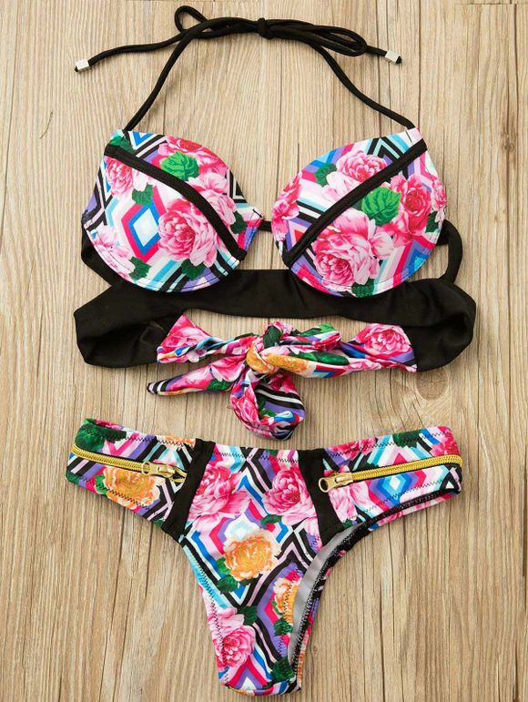 Bikini Set Halter Neck Printed Zipper embellies Bikini Set Femmes - multicolore S