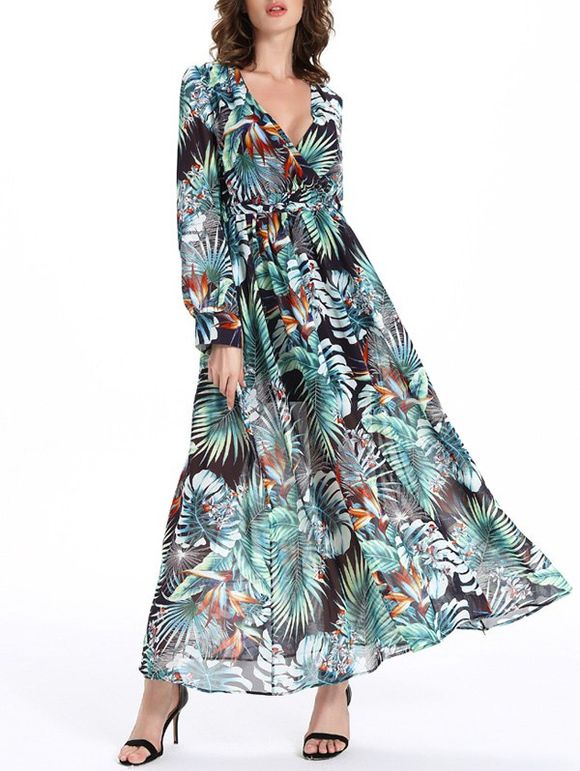 Selva Style Plunging Neck Tie Ceinture de plantes motif femme 's robe - Vert 2XL