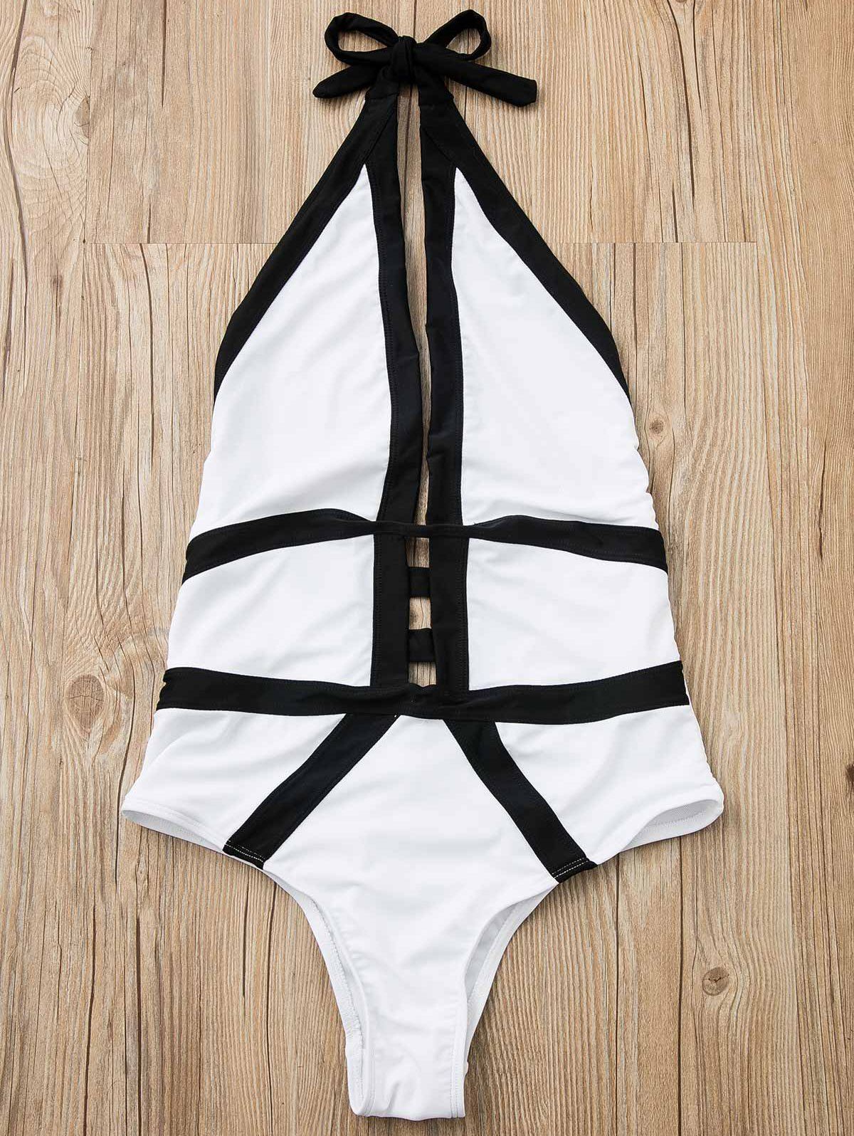 

Sexy Halter Hollow Out Hit Color One-Piece Women's Swimwear, White