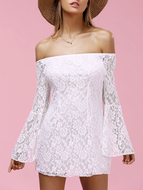 Stylish Women's Off The Shoulder Bell Sleeve Lace Dress - Blanc XL