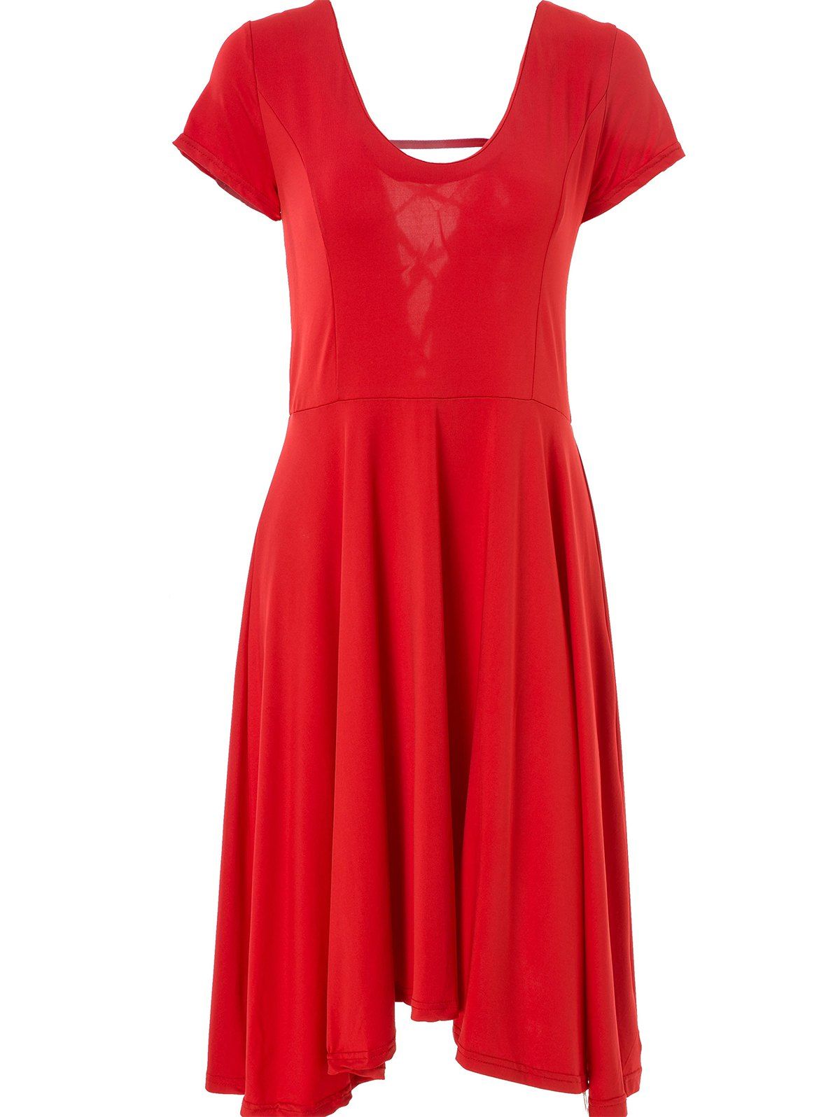 

Sexy U Neck Short Sleeve Solid Color Lace-Up Cut Out Irregular Women's Dress, Red