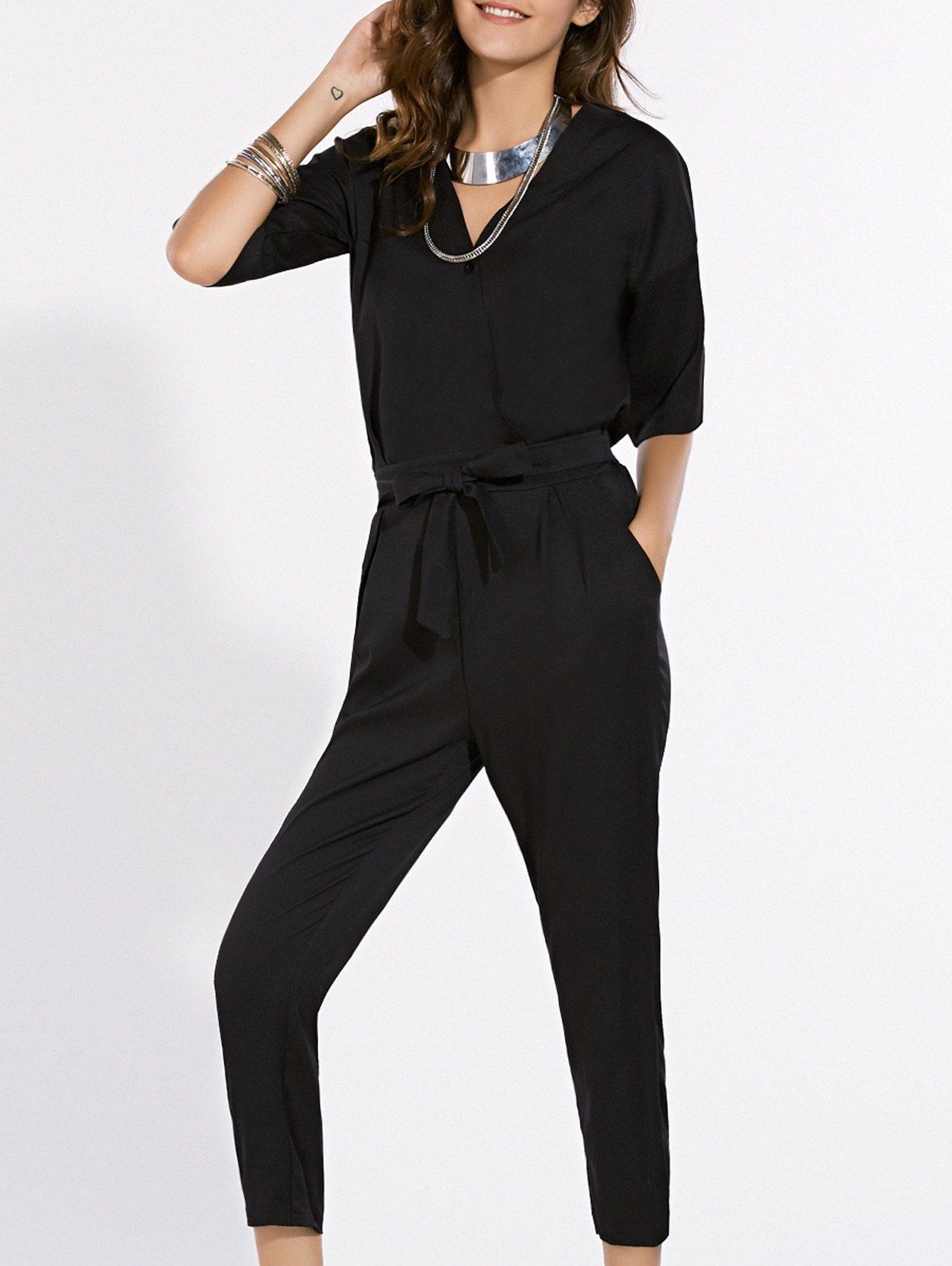 [17% OFF] 2021 Fashionable Pure Color V-Neck Short Sleeve Jumpsuit For Women In BLACK | DressLily