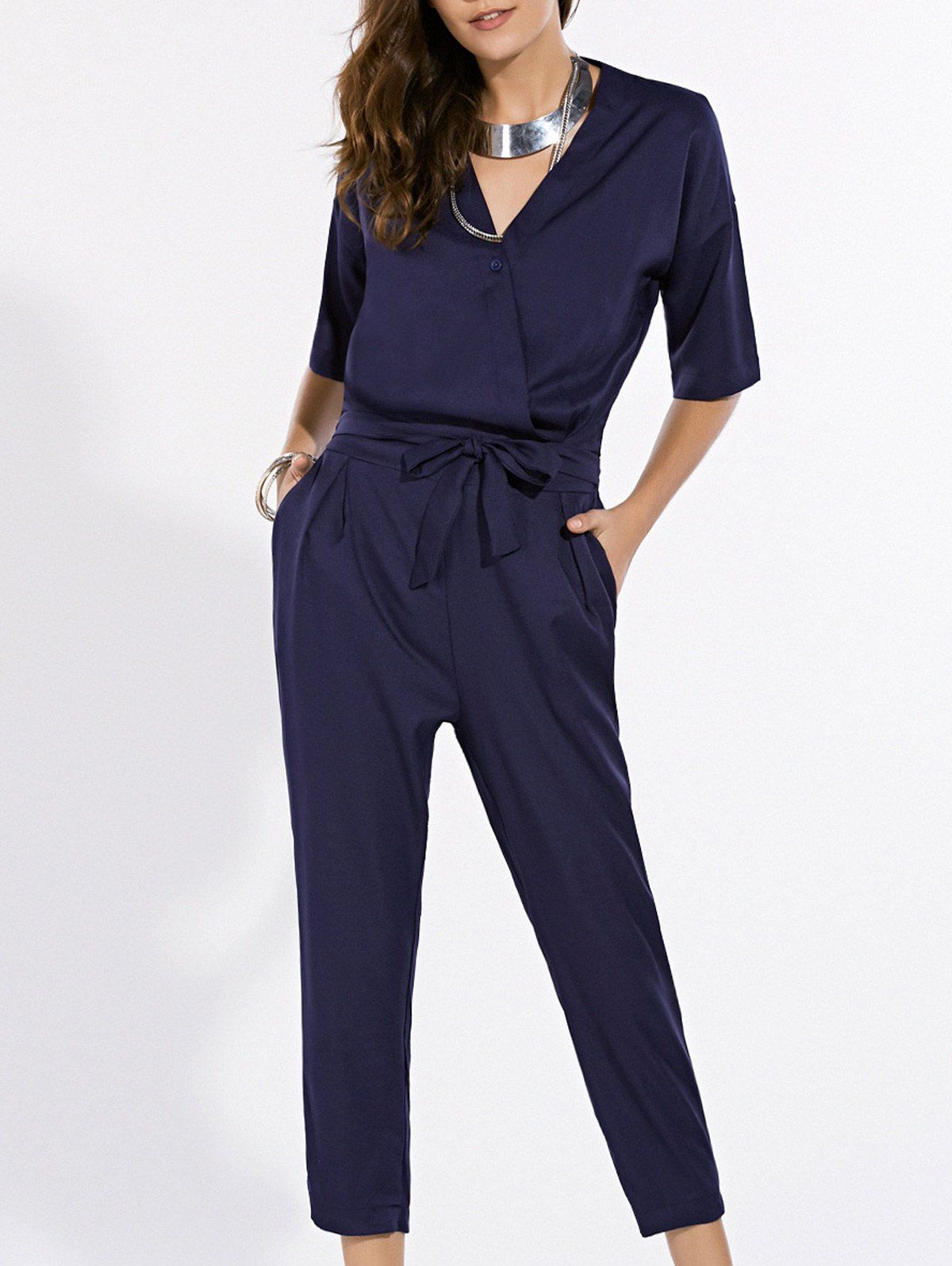 [17% OFF] 2021 Fashionable Pure Color V-Neck Short Sleeve Jumpsuit For ...