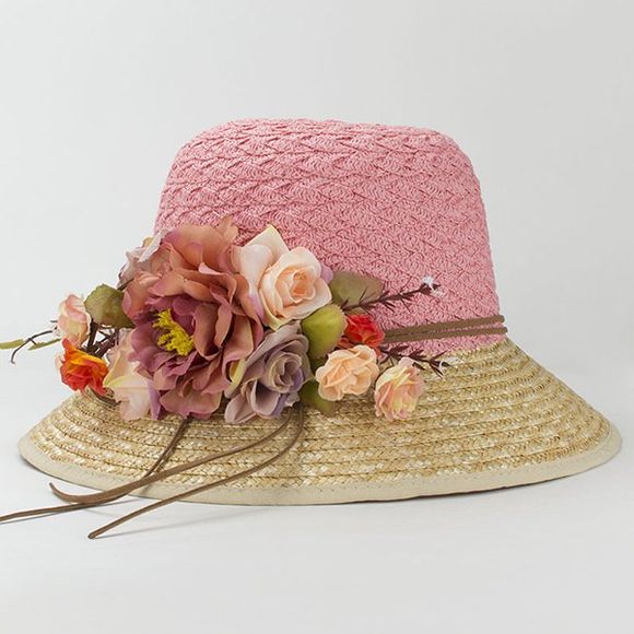 Chic Faux Flower Embellished Outdoor Seaside Sunscreen Women's Straw Hat - Rose 