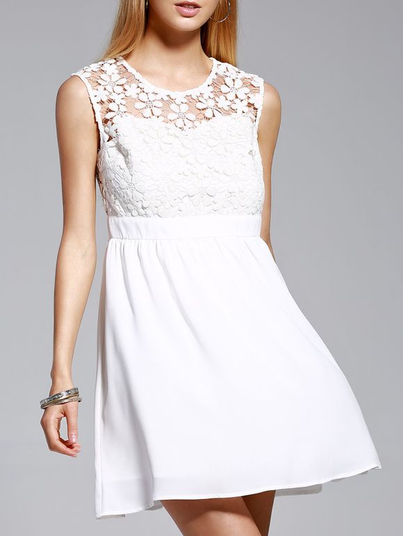 Trendy Jewel Neck Sleeveless Lace Spliced ​​Dress pour les femmes - Blanc L