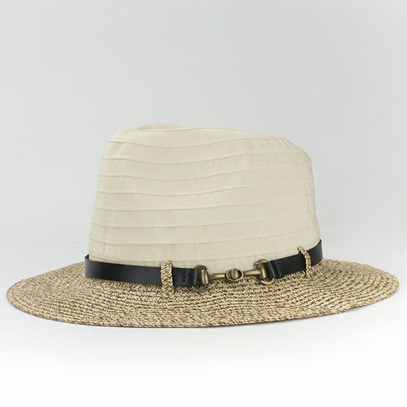 Fashion PU Belt Embellished Jazz Style Sunscreen Straw Hat - Blanc Cassé 