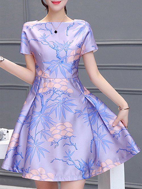 Square Collar Short Sleeves Pleated Plant Print Elegant Women's Dress - Pourpre XL