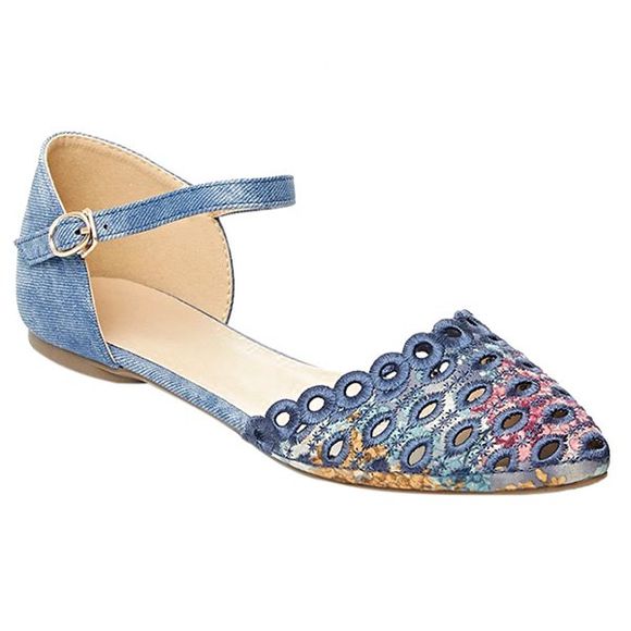 Casual Floral Print and Cloth Design Women's Flat Shoes - Bleu 37