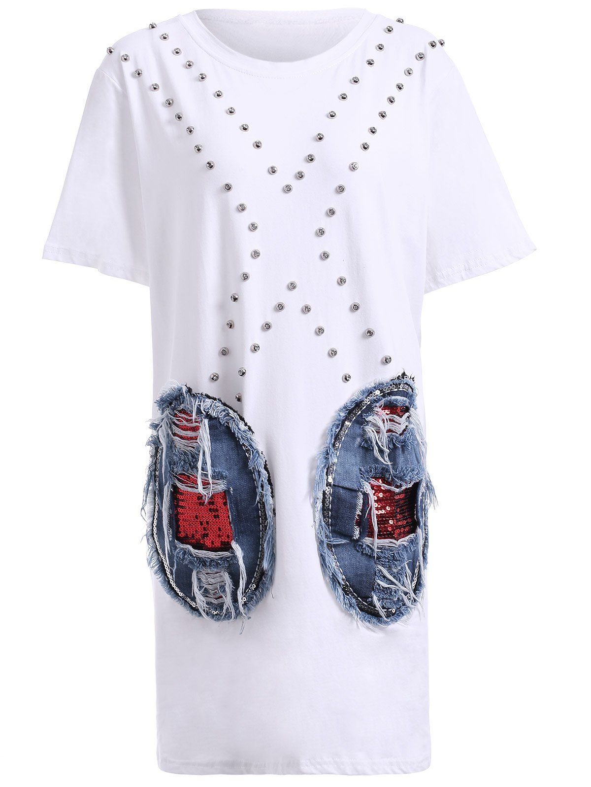 

Fashionable Jewel Neck Denim Spliced Short Sleeve Dress For Women, White