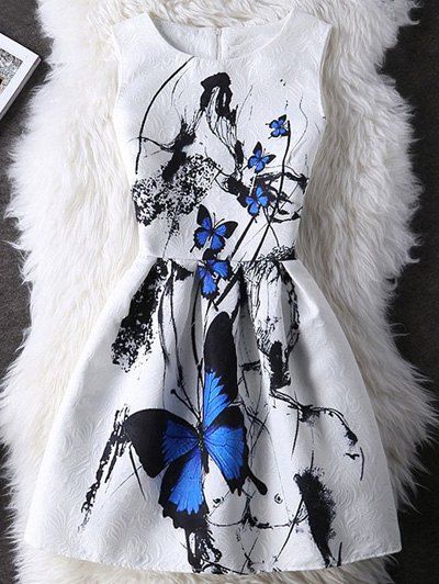 Robe à Motif Papillon à Taille Haute pour Femme - Blanc S