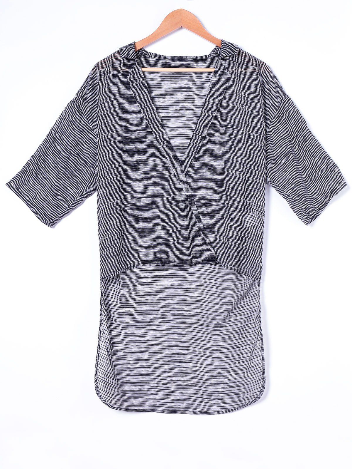 

Fashionable Women∠s Turn-down Collar Long Shirt Stripe printing Blouse, Black
