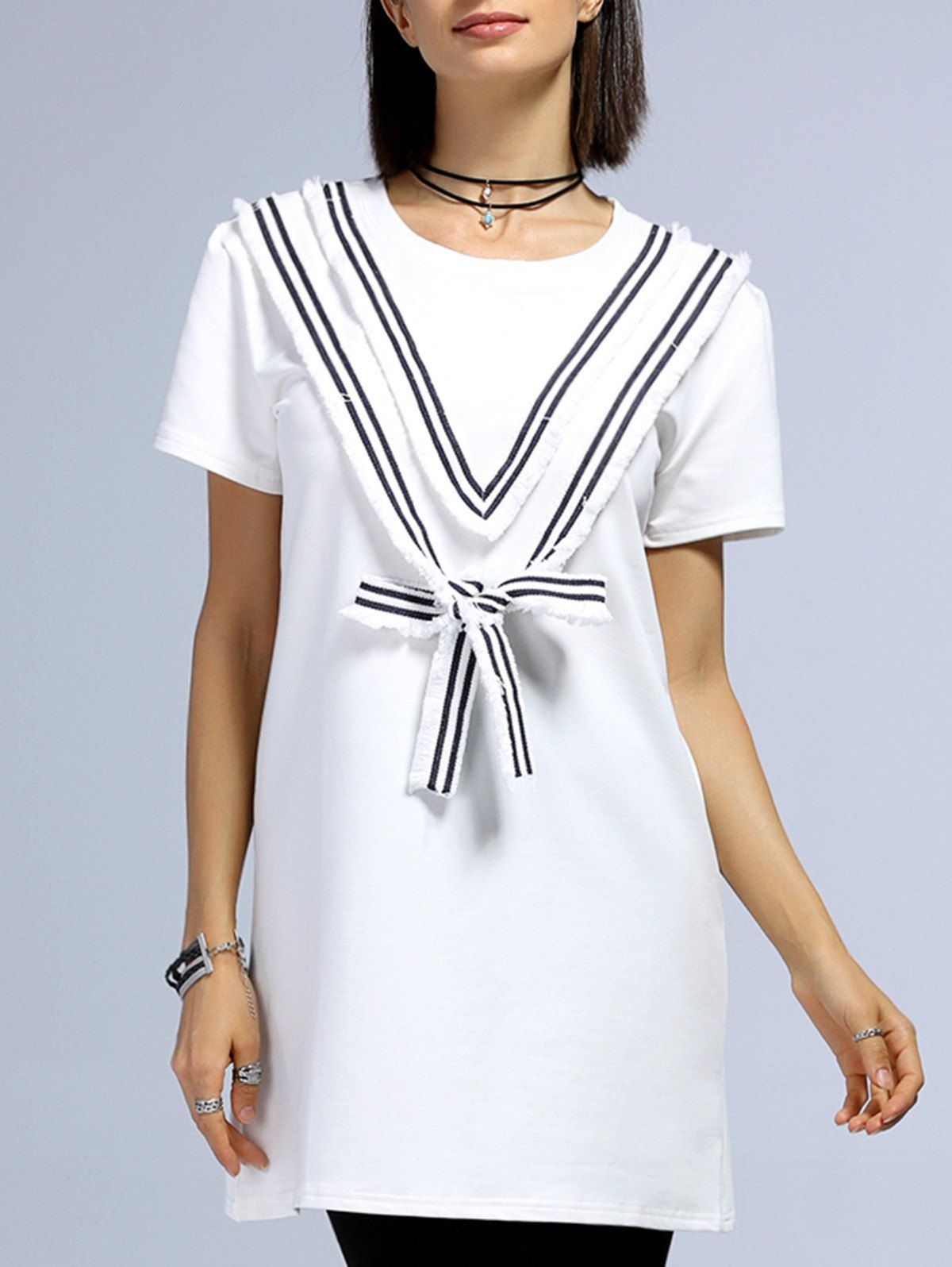 

Stylish Women's Short Sleeve V Pattern Design Spliced T-Shirt, White