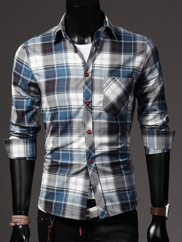One Pocket Color Block Plaid Shirt Collar Long Sleeves Men's Slimming Shirt - Carré M