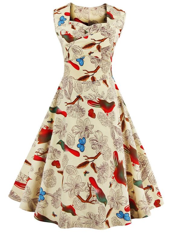 Sweetheart Neck Floral Et Oiseau Vintage Dress - Abricot M