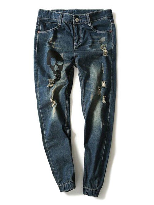 

Skull Printed Distressed Jogger Jeans, Blue