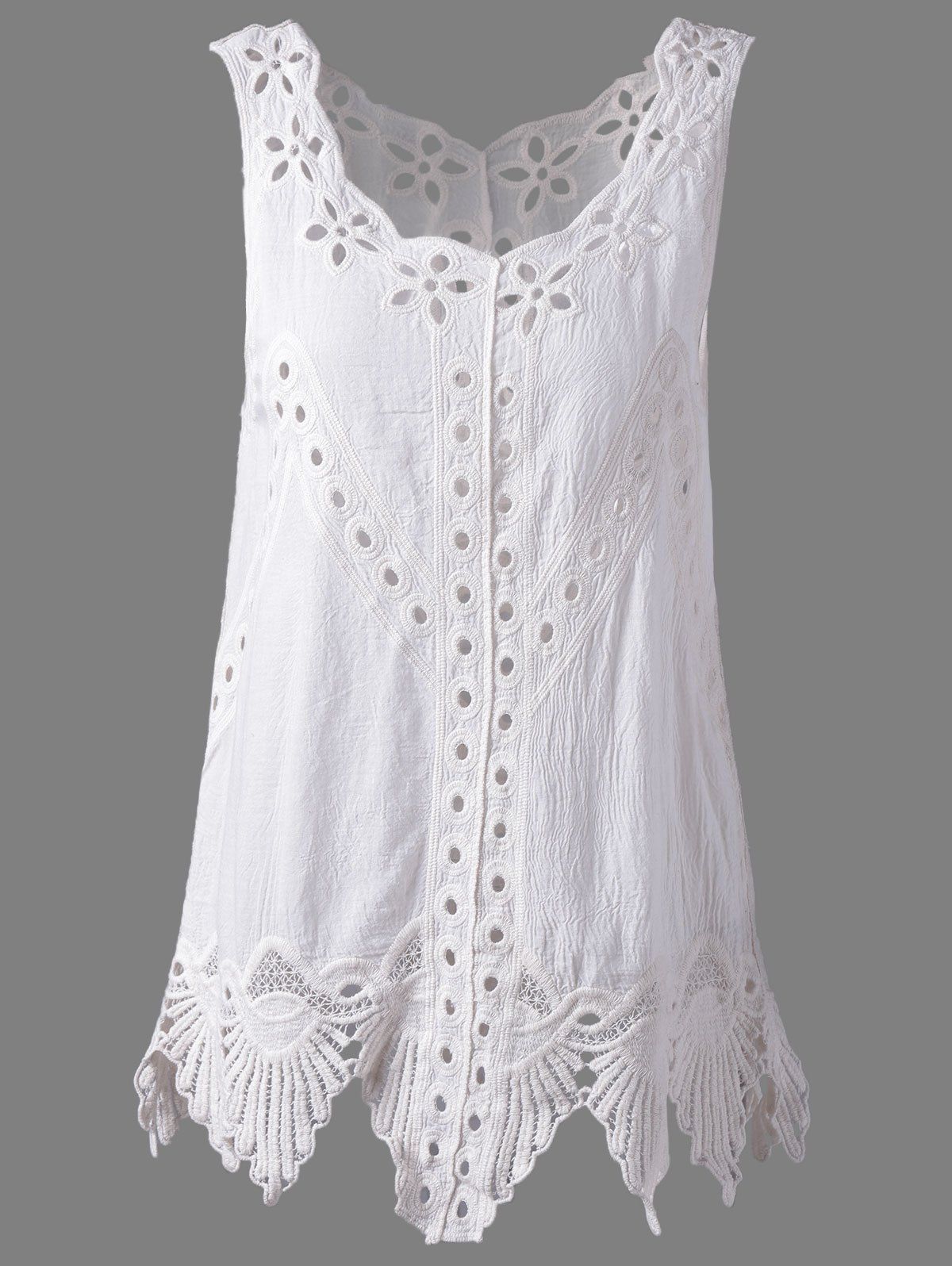 Bohemian Women's Scoop Neck Solid Color Crochet Sleeveless Blouse - WHITE ONE SIZE