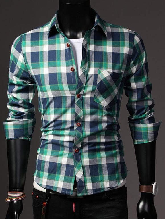 Fashion Shirt Collar One Pocket Color Block Long Sleeves Men's Plaid Shirt - Carré L