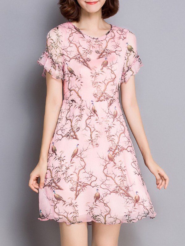 

Sweet Style Flounced Bird Print Women's Dress, Pink