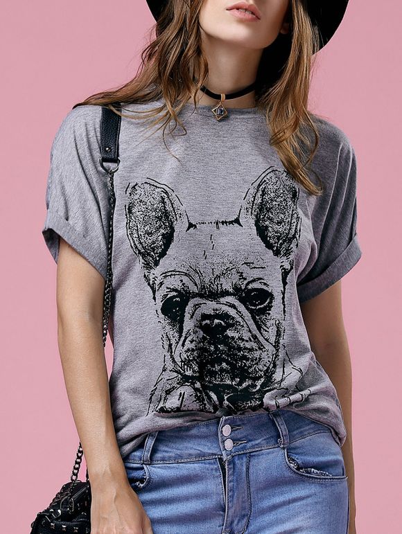 T-shirt de modèle à manches courtes col rond Bulldog Femmes Casual  's - Gris 2XL