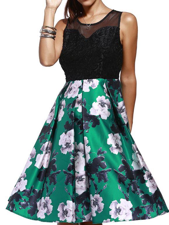 Mode sans manches Mesh Spliced ​​Cut Out Dress Flare pour les femmes - Noir XL