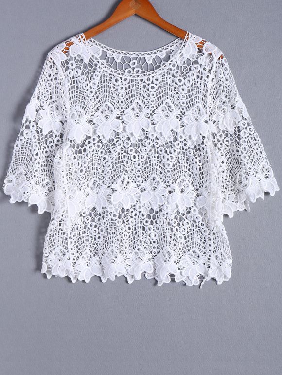 Casual Openwork Round Neck Bell Sleeve Blouse For Women - Blanc ONE SIZE(FIT SIZE XS TO M)