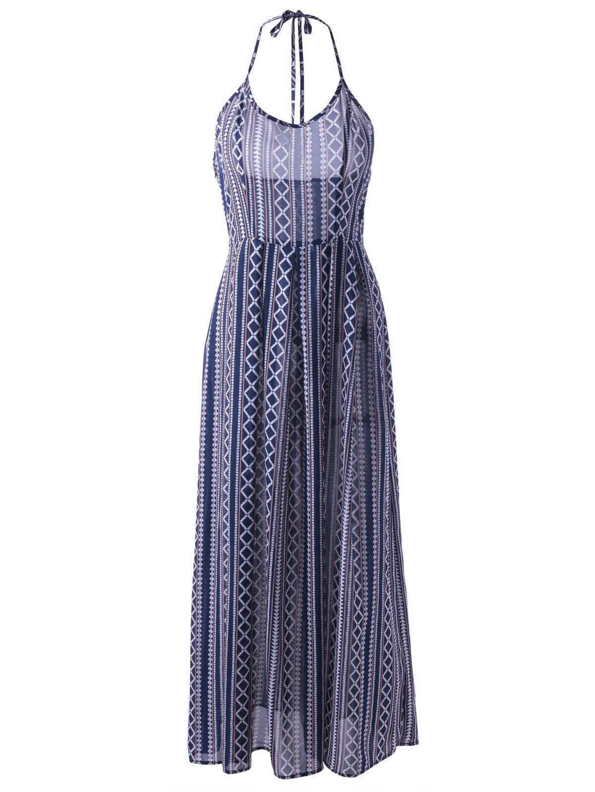 

Ethnic Style Women' Fitted Halterneck Backless Maxi Dress, Purplish blue