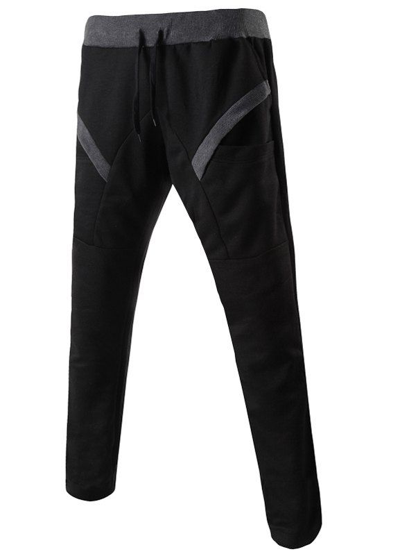 

Color Block Splicing Design Lace-Up Narrow Feet Men's Pants, Black