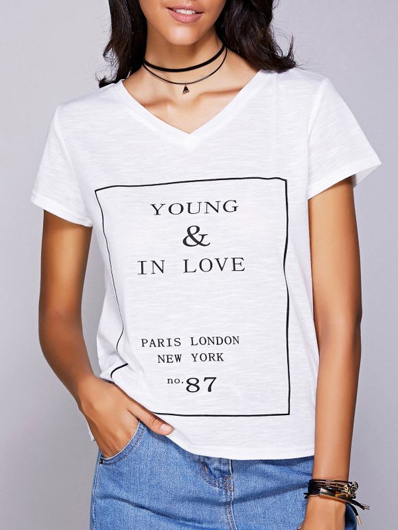 Femmes Casual s  'V-Neck Lettre modèle à manches courtes T-shirt - Blanc S
