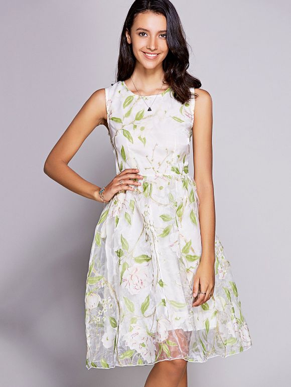 Organza robe élégante Jewel Neck manches Floral de Print pour les femmes - Vert clair 2XL