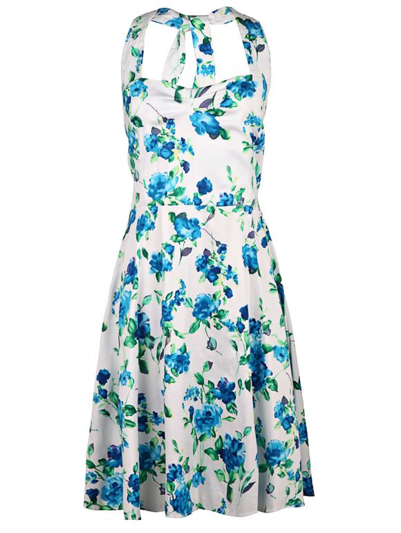 Attachant Halter sans manches imprimé floral taille haute robe de bal pour les femmes - Bleu S
