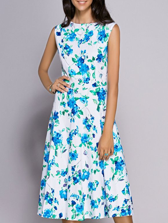 Trendy sans manches col rond imprimé floral femmes robe  's - Vert 2XL