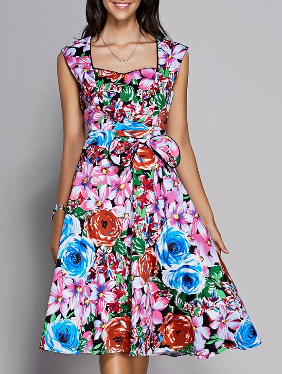Colorisation Floral sans manches décolleté en cœur Robe de Retro femmes - multicolore XL